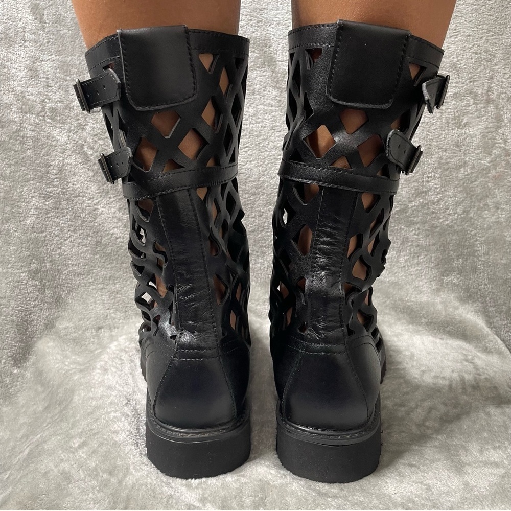 Black Laser Cut Caged Combat Boots EU 42 US 10 Faux Leather Lace Up Buckle - Picture 4 of 12